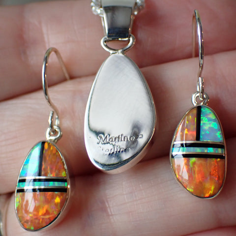 Sterling Silver Orange and White Opal Inlay Earrings and Pendant Set by Sheryl Martinez