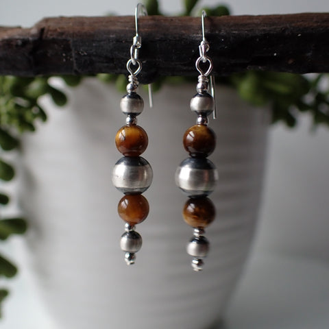 Sterling Silver Navajo Pearl Hoop Earrings with Tiger's Eye by Native American Artist