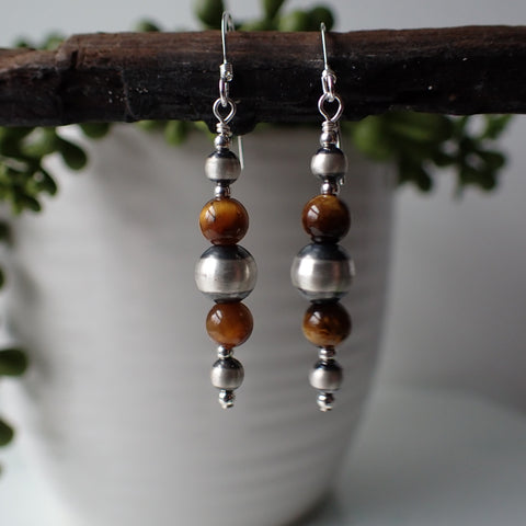 Sterling Silver Navajo Pearl Earrings with Tiger's Eye