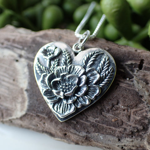 Recycled Sterling Silver Floral Heart Pendant made from Recycled Silver