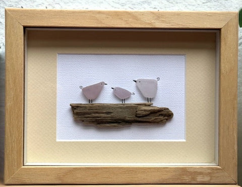 Three Sea Glass Birds on Driftwood Sea Glass Picture