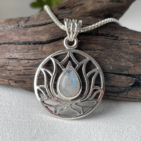 Rainbow Moonstone Sterling Silver Lotus Necklace