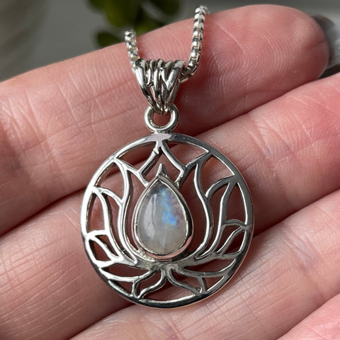 Rainbow Moonstone Sterling Silver Lotus Necklace