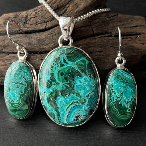 sterling silver azurite malachite stone pendant earring necklace set