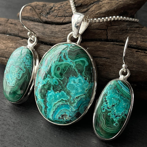 Azurite-Malachite Sterling Silver Pendant Earring Set