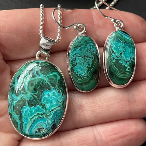 Azurite-Malachite Sterling Silver Pendant Earring Set