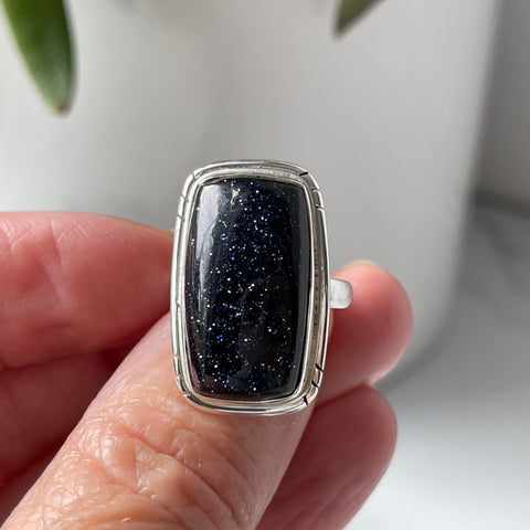 Sterling Silver Blue Goldstone Ring Size 6