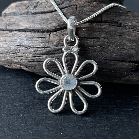 rainbow moonstone daisy flower sterling silver necklace