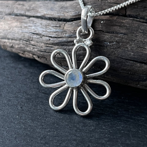 rainbow moonstone daisy flower sterling silver necklace