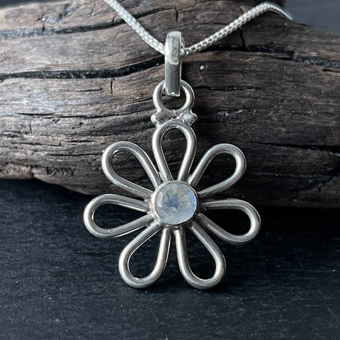 rainbow moonstone daisy flower sterling silver necklace