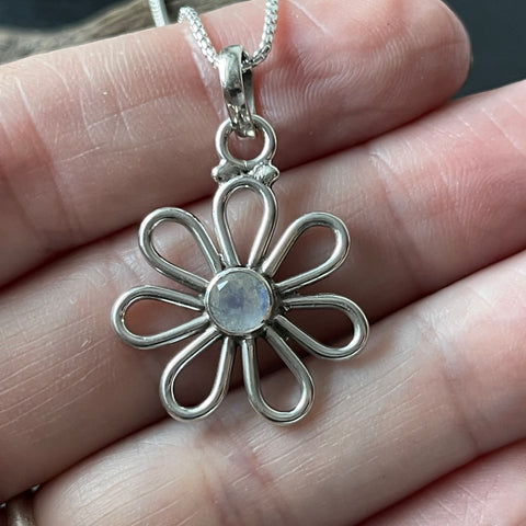 rainbow moonstone daisy flower sterling silver necklace