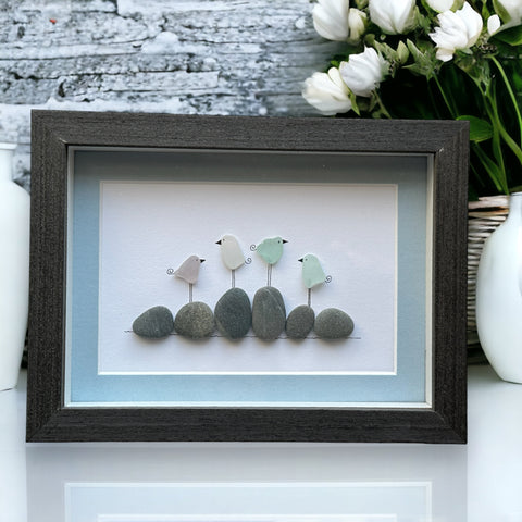 Sea Glass Four Birds Family Picture Pebble Art