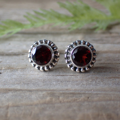 Sterling Silver Faceted Garnet Stud Earrings