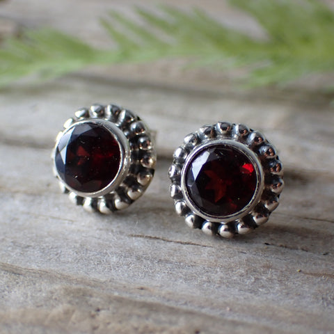 Sterling Silver Faceted Garnet Stud Earrings