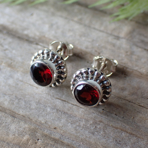 Sterling Silver Faceted Garnet Stud Earrings