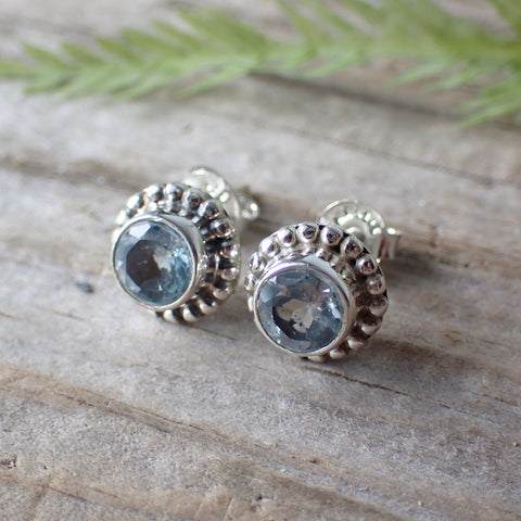 Sterling Silver Faceted Blue Topaz Stud Earrings