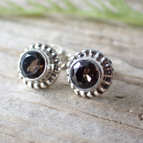 Sterling Silver Faceted Smoky Quartz Stud Earrings