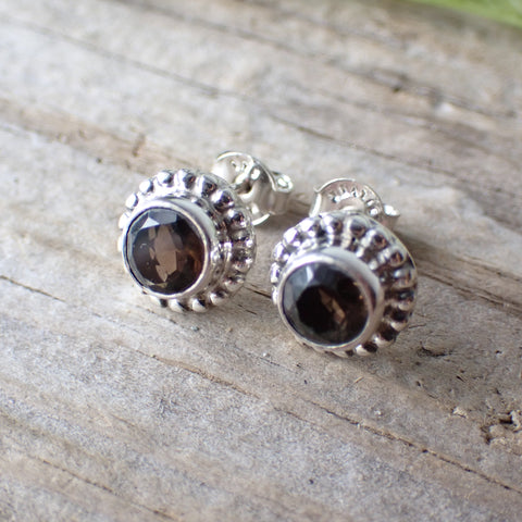 Sterling Silver Faceted Smoky Quartz Stud Earrings