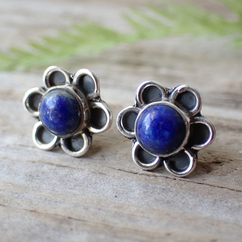 Lapis Sterling Silver Flower Stud Earrings