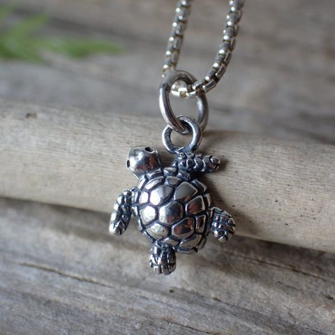 ♻️ Recycled Sterling Silver Mini Baby Sea Turtle Charm Necklace