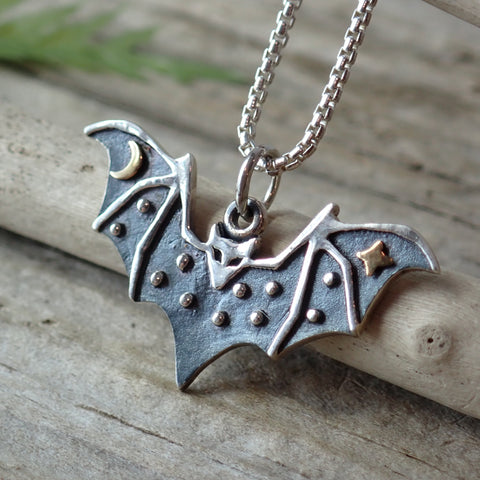 ♻️Collier de chauve-souris céleste en argent sterling recyclé et métaux mélangés