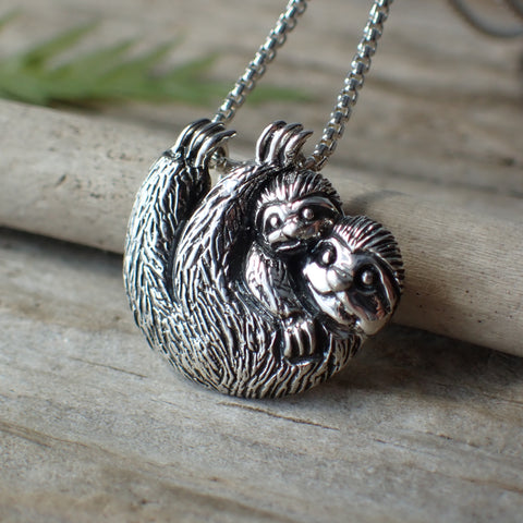 ♻️Recycled Sterling Silver Hanging Mother Baby Sloth Necklace