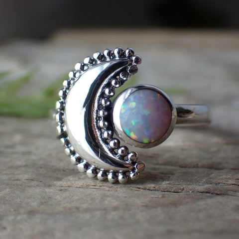 White Opal Moon Sterling Silver Ring