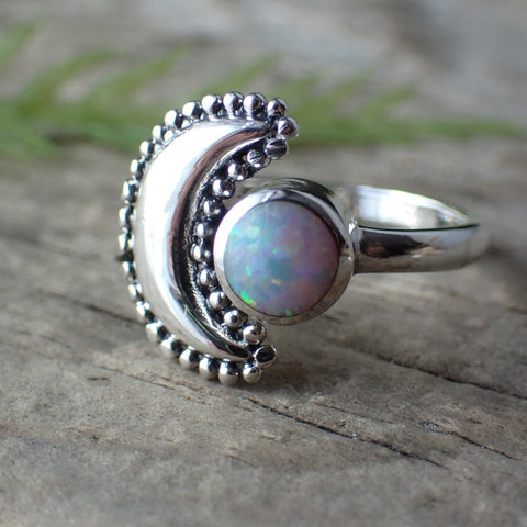 White Opal Moon Sterling Silver Ring