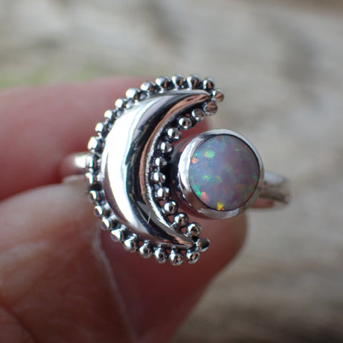 White Opal Moon Sterling Silver Ring