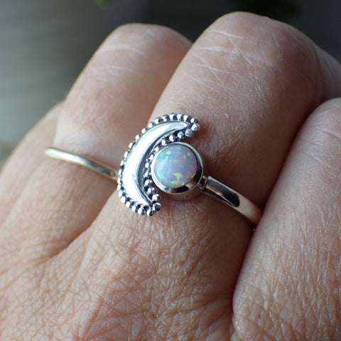 White Opal Moon Sterling Silver Ring