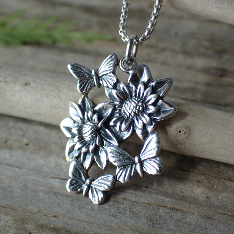 ♻️ Recycled Sterling Silver Dahlias and Butterflies Charm Necklace