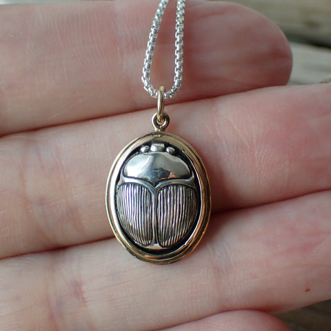 ♻️ Recycled Sterling Silver Scarab Beetle in Bronze Charm Necklace