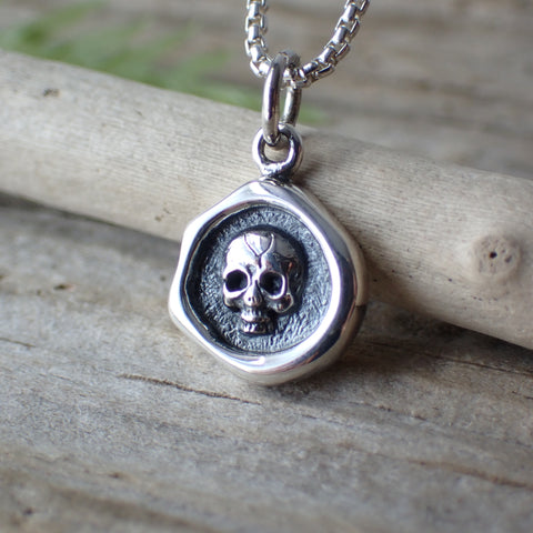 ♻️ Recycled Sterling Silver Mini Wax Stamp Skull Charm Necklace