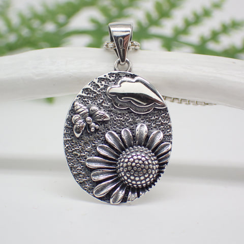 Sterling Silver Sunflower Bee Scene Charm