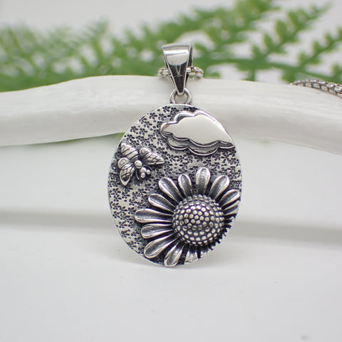 Sterling Silver Sunflower Bee Scene Charm