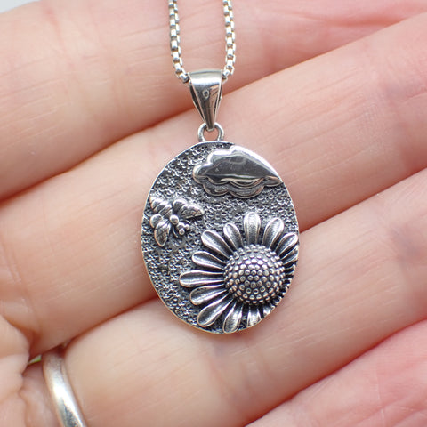 Sterling Silver Sunflower Bee Scene Charm