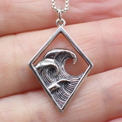 Sterling Silver Three Waves Pendant in Diamond Frame