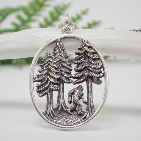 Sterling Silver Bigfoot in the Forest Pendant