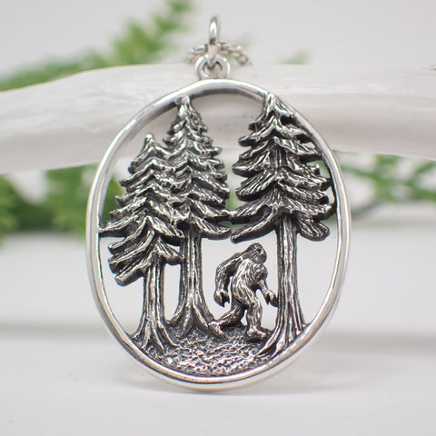 Sterling Silver Bigfoot in the Forest Pendant