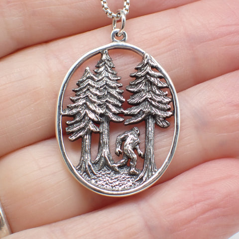 Sterling Silver Bigfoot in the Forest Pendant