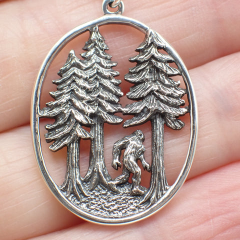 Sterling Silver Bigfoot in the Forest Pendant