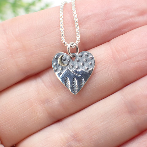 Sterling Silver Heart Char with Mountains and Bronze Moon