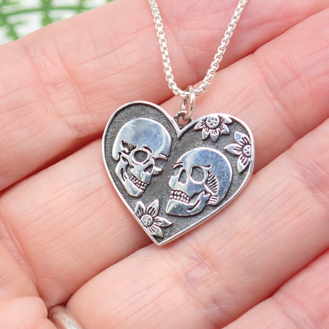  Recycled Sterling Silver Skull Lovers Charm Necklace