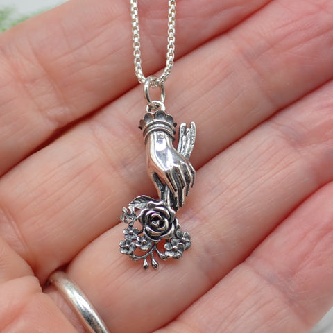 Sterling Silver Hand Charm Holding Flower Bouquet Charm