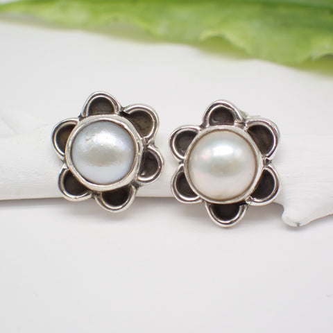 Sterling Silver Pearl Flower Studs