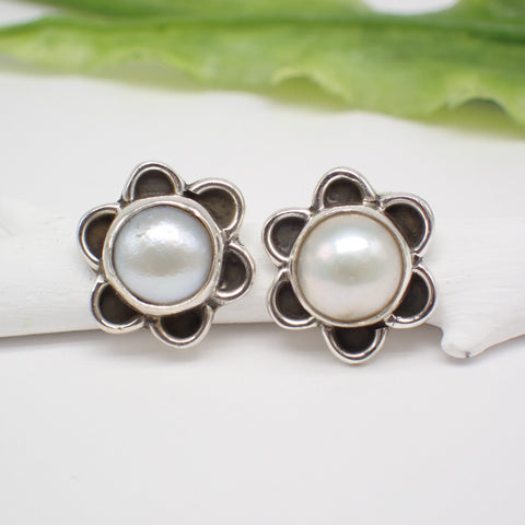 Sterling Silver Pearl Flower Studs