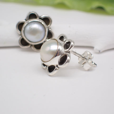 Sterling Silver Pearl Flower Studs