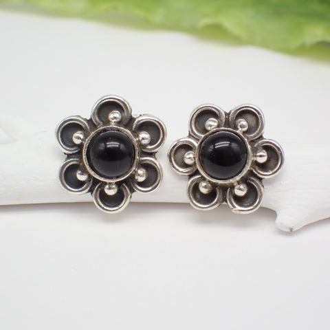 Sterling Silver Black Onyx Flower Studs