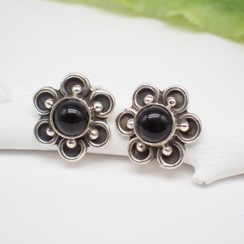 Sterling Silver Black Onyx Flower Studs