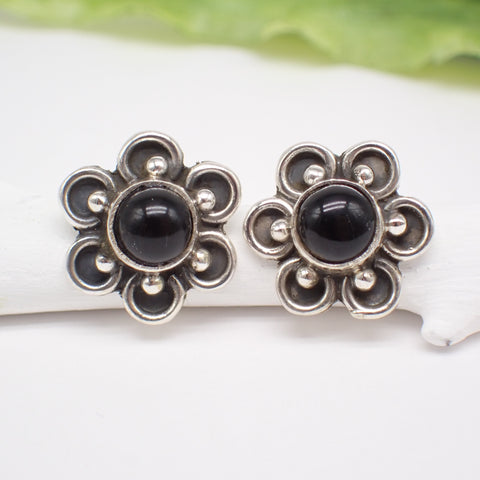 Sterling Silver Black Onyx Flower Studs